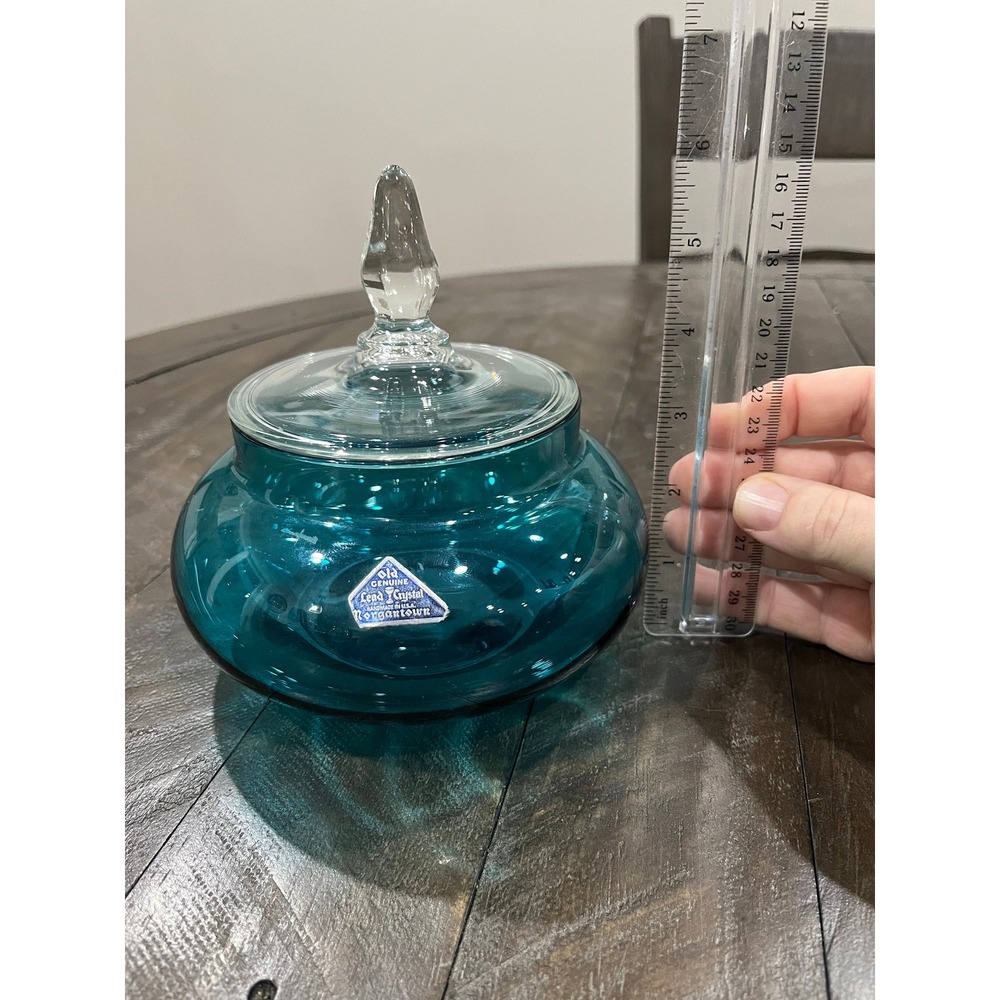 Morgantown Glass PALACE Candy Box Peacock Blue #9952 Decor Line Sticker MCM Vtg - Picture 8 of 8